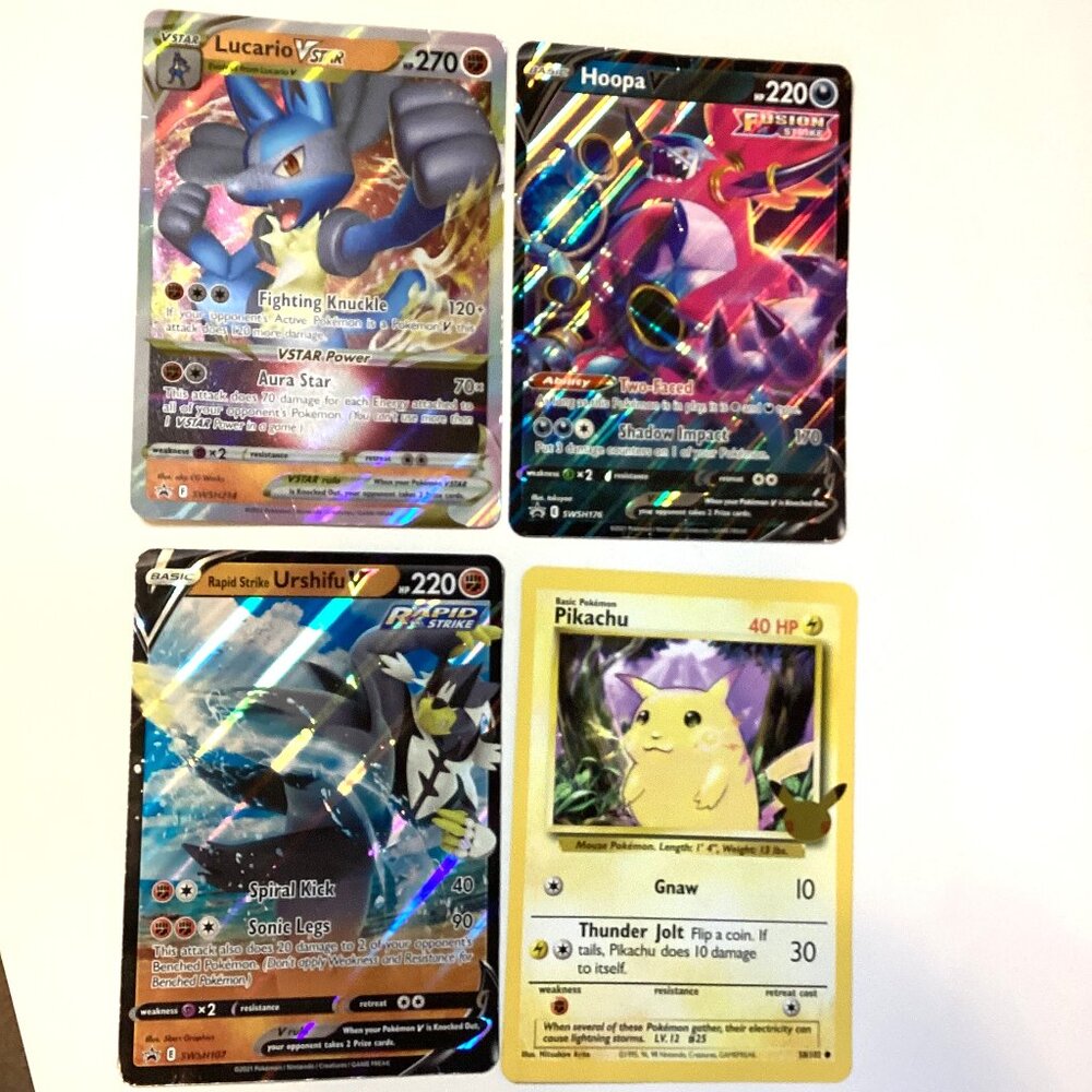 4 Pokémon Oversized Cards Pikachu, Hoopa V, Lucario V Star, Urshifu V